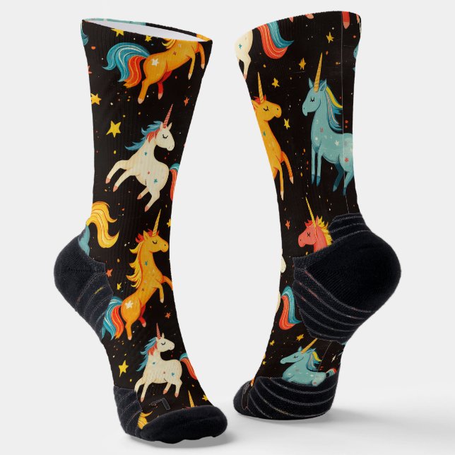 Flying Unicorn Pony Chalk Drawing Pattern Black Socks (Angled)