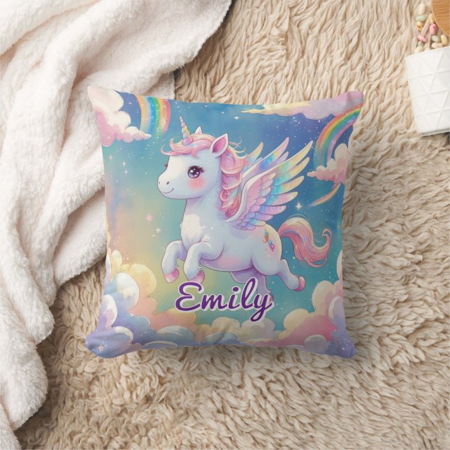 Flying Unicorn Rainbow Wings – Editable Name Throw Pillow (Blanket)