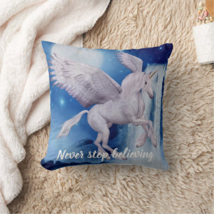Flying Unicorn Waterfall Believe Fantasy Horse Throw Pillow