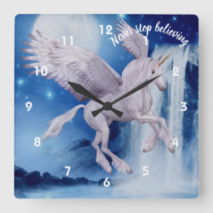 Flying Unicorn Waterfall Believe Inspirational   Square Wall Clock