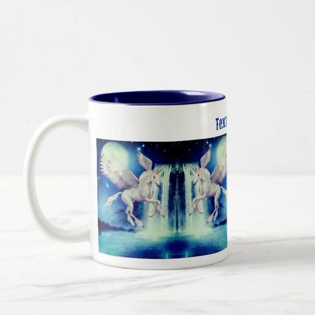 Flying Unicorn Waterfall Fantasy Personalized Two-Tone Coffee Mug (Left)