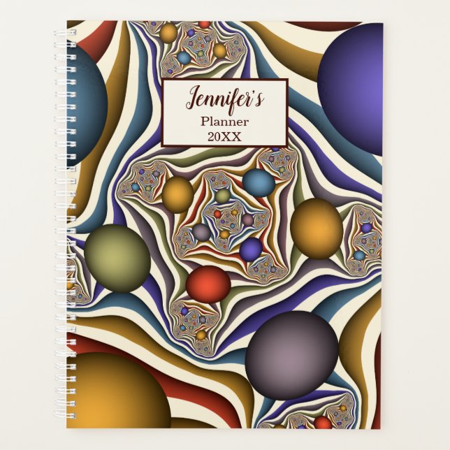 Flying Up, Colourful Modern Abstract Fractal Name Planner (Front)
