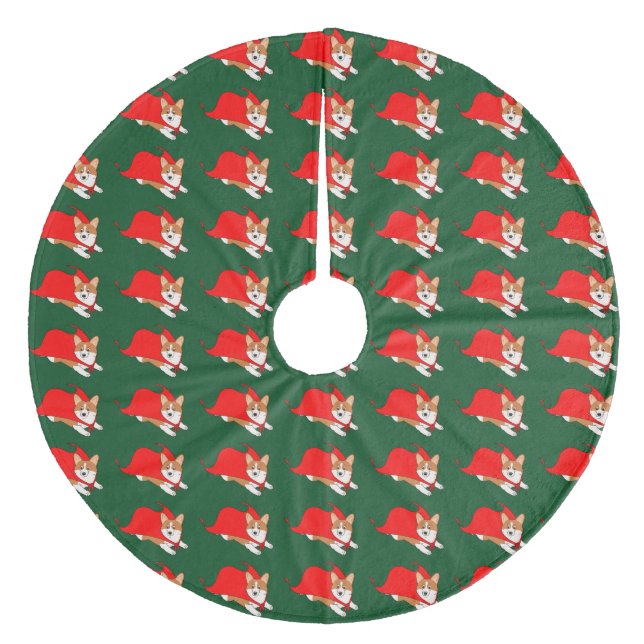 Flying Welsh Corgi with Red Cape Fleece Tree Skirt (Front)