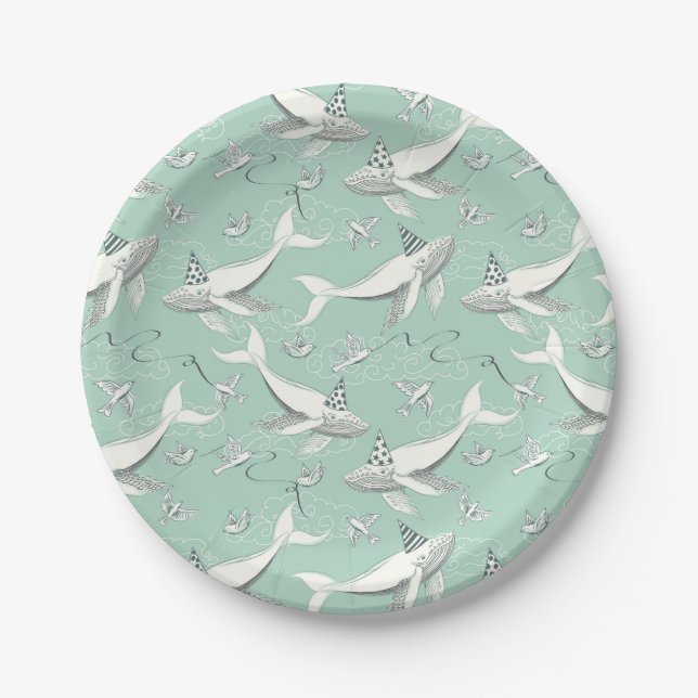 Flying Whale Birthday Party Pattern Paper Plate (Front)
