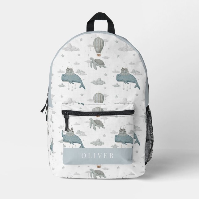 Flying Whale & Sea Turtle Hot Air Balloon Sky Blue Printed Backpack (Front)