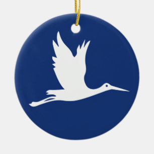 Flying white stork ceramic ornament