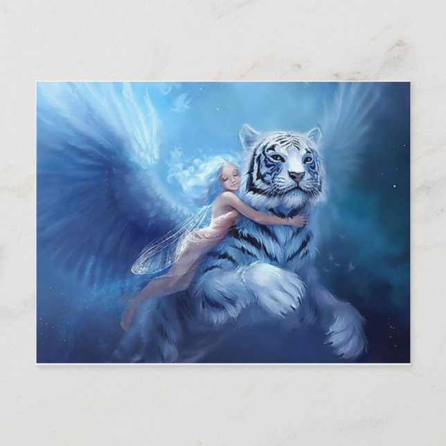 Flying White Tiger With Angel Postcard (Front)