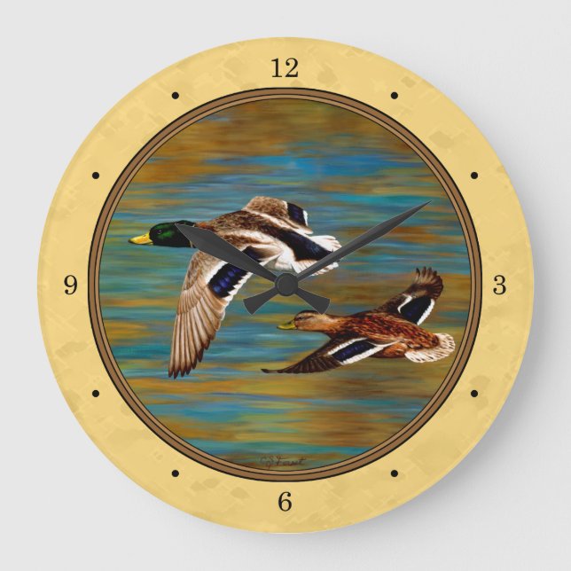 Flying Wild Ducks Yellow Large Clock (Front)