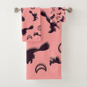Flying witch among half moon at Halloween night 3D Bath Towel Set