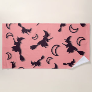 Flying witch among half moon at Halloween night 3D Beach Towel