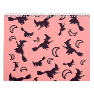 Flying witch among half moon at Halloween night 3D Calendar