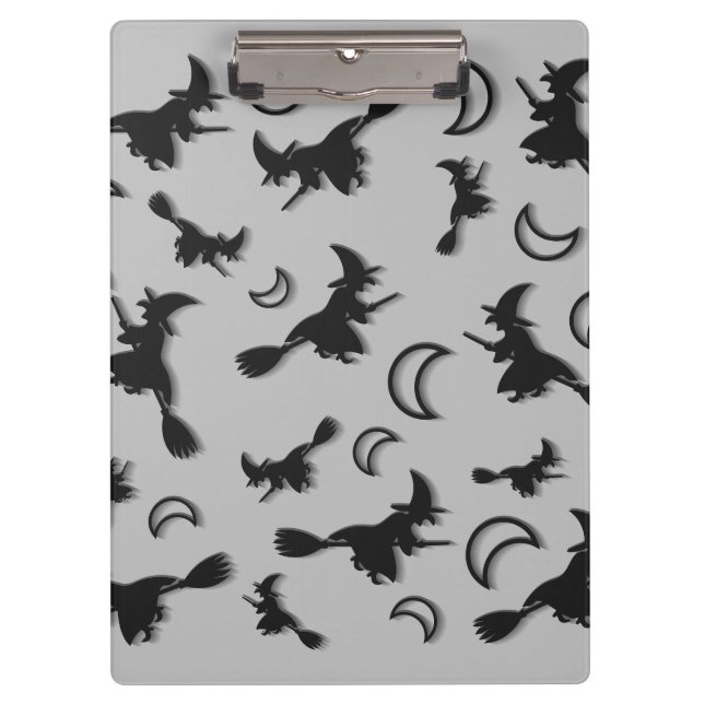 Flying witch among half moon at Halloween night 3D Clipboard (Front)
