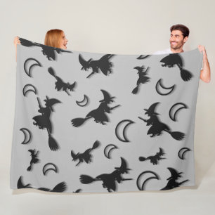 Flying witch among half moon at Halloween night 3D Fleece Blanket