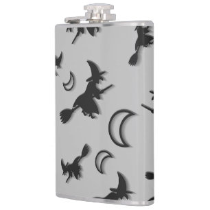 Flying witch among half moon at Halloween night 3D Hip Flask