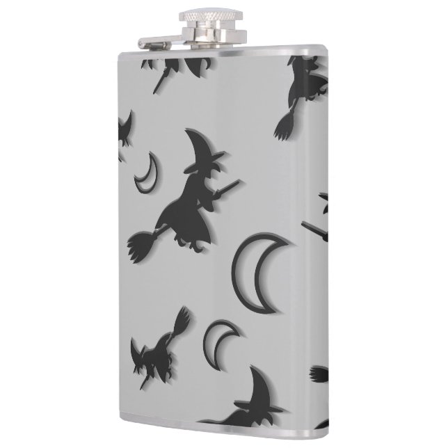 Flying witch among half moon at Halloween night 3D Hip Flask (Left)