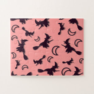 Flying witch among half moon at Halloween night 3D Jigsaw Puzzle