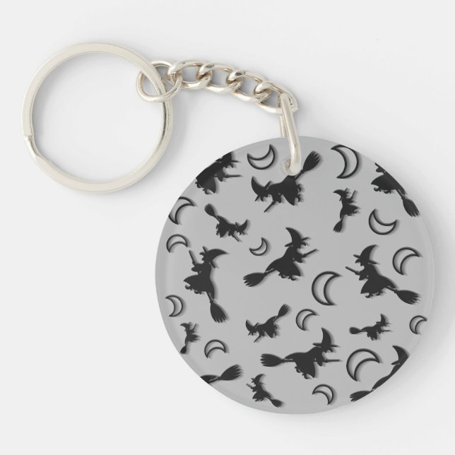 Flying witch among half moon at Halloween night 3D Keychain (Front)