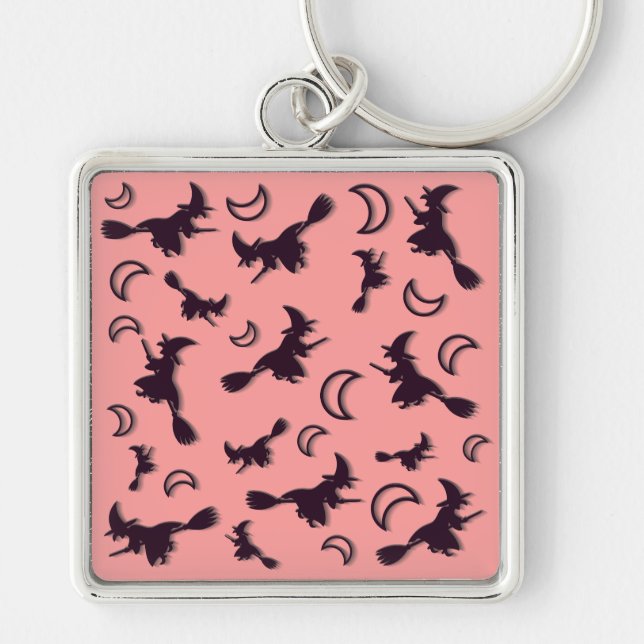 Flying witch among half moon at Halloween night 3D Keychain (Front)