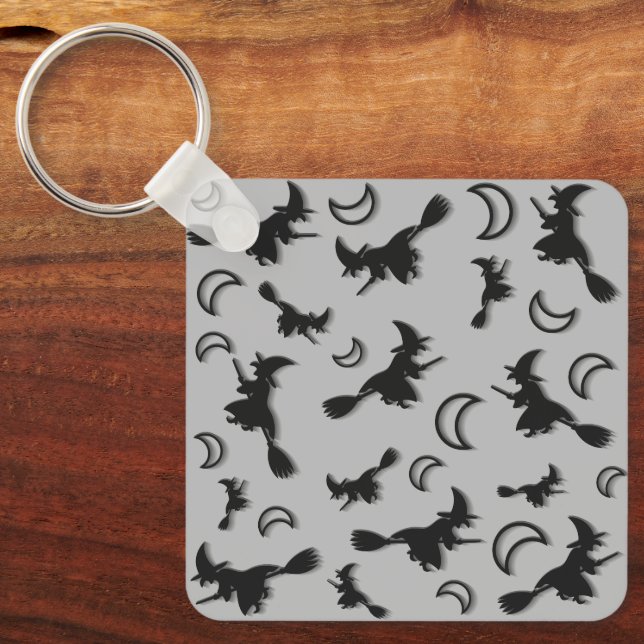 Flying witch among half moon at Halloween night 3D Keychain (Front)