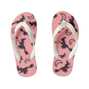 Flying witch among half moon at Halloween night 3D Kid's Flip Flops