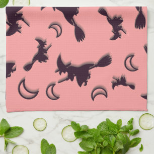 Flying witch among half moon at Halloween night 3D Kitchen Towel