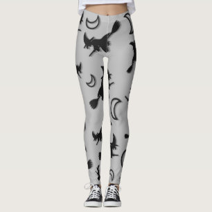 Flying witch among half moon at Halloween night 3D Leggings