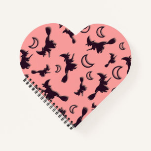 Flying witch among half moon at Halloween night 3D Notebook