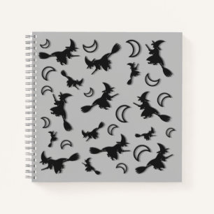 Flying witch among half moon at Halloween night 3D Notebook