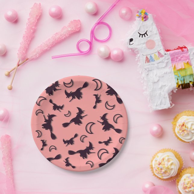 Flying witch among half moon at Halloween night 3D Paper Plate (Party)