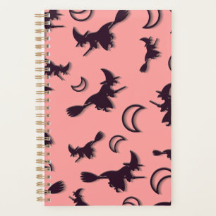 Flying witch among half moon at Halloween night 3D Planner