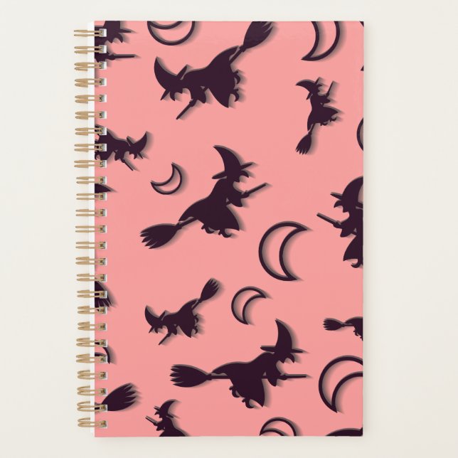 Flying witch among half moon at Halloween night 3D Planner (Front)
