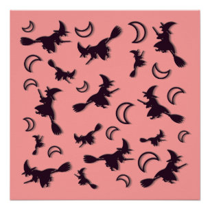 Flying witch among half moon at Halloween night 3D Poster