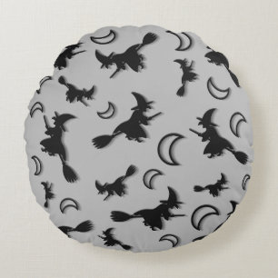 Flying witch among half moon at Halloween night 3D Round Pillow