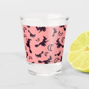Flying witch among half moon at Halloween night 3D Shot Glass