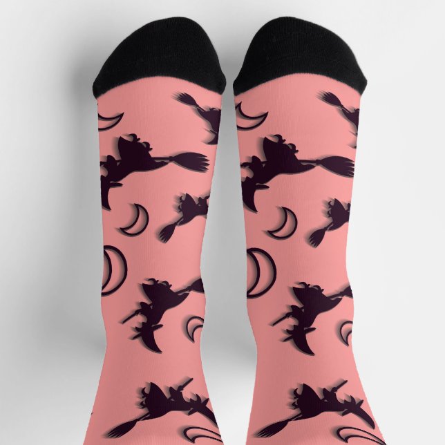 Flying witch among half moon at Halloween night 3D Socks (Top)