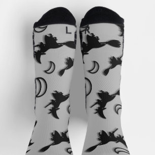 Flying witch among half moon at Halloween night 3D Socks