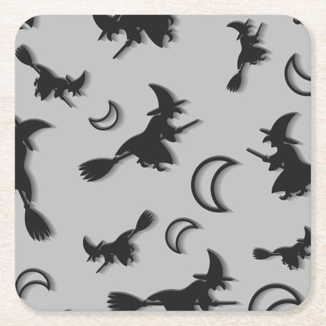 Flying witch among half moon at Halloween night 3D Square Paper Coaster (Front)