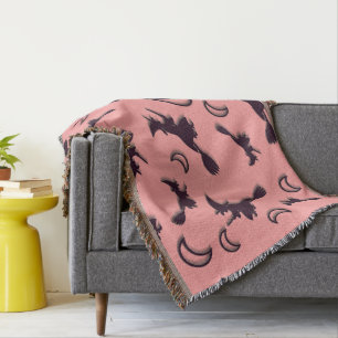Flying witch among half moon at Halloween night 3D Throw Blanket
