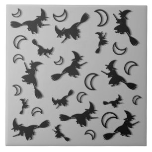 Flying witch among half moon at Halloween night 3D Tile