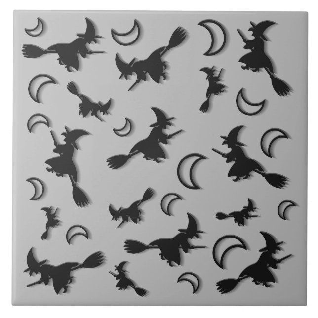 Flying witch among half moon at Halloween night 3D Tile (Front)
