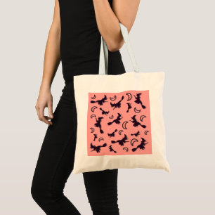 Flying witch among half moon at Halloween night 3D Tote Bag