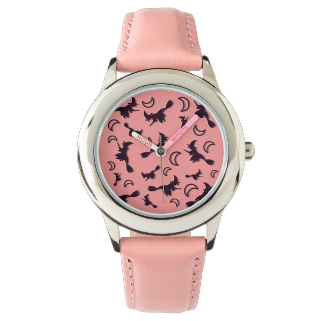 Flying witch among half moon at Halloween night 3D Watch (Front)