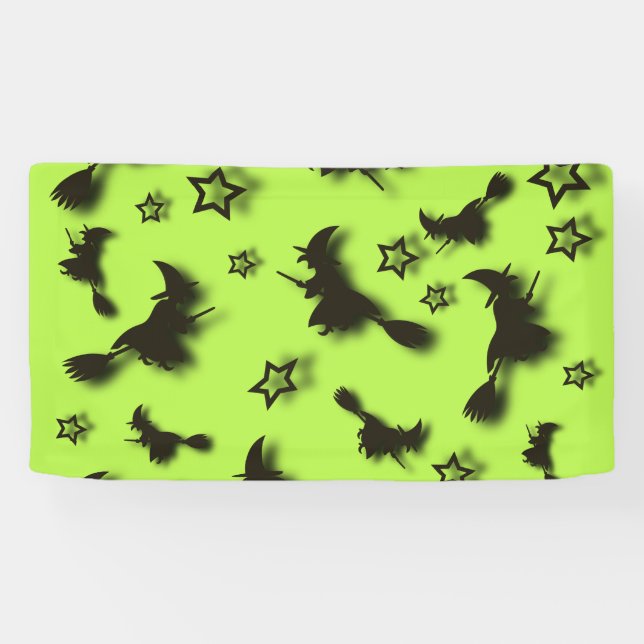 Flying witch among stars at Halloween night 3D Banner (Horizontal)