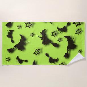 Flying witch among stars at Halloween night 3D Beach Towel