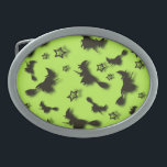 Flying witch among stars at Halloween night 3D  Belt Buckle<br><div class="desc">Flying witch among stars at Halloween night on green</div>