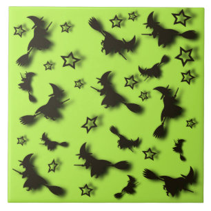 Flying witch among stars at Halloween night 3D Tile