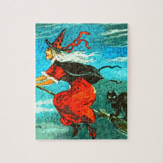 Flying Witch and Black Cat Halloween Jigsaw Puzzle