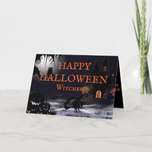 Flying Witch and Castle Happy Halloween Card 