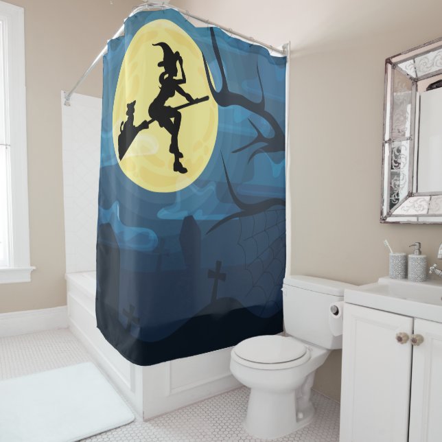 Flying Witch and Cat Shower Curtain (In Situ)
