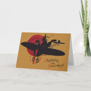 Flying Witch Black Cat Airplane Full Moon Card